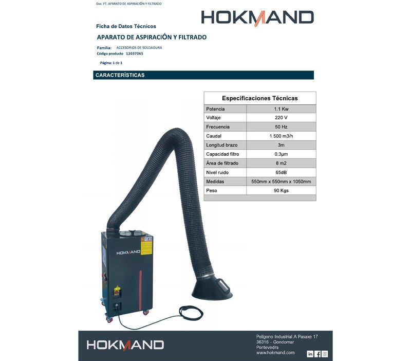 Ficha técnica Hokmand del aparato de aspiración y filtrado con brazo articulado para extracción de humos de soldadura